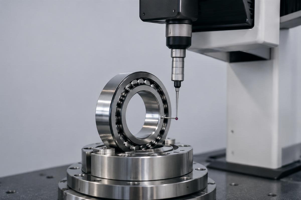 Coordinate measuring machine verifying inner ring runout per ISO 492 and DIN 625 standards