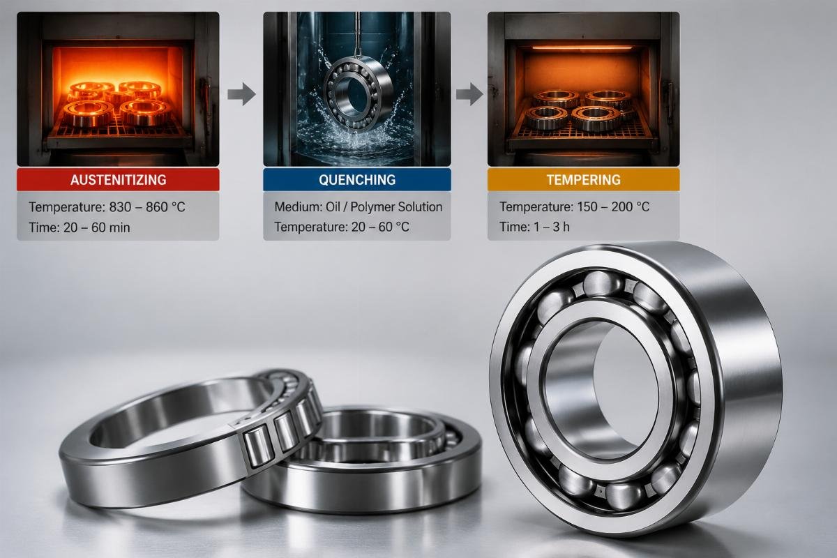 Key stages of bearing heat treatment showing austenitizing, quenching, and tempering with temperature control parameters Heat treatment process flow in industrial bearing manufacturing