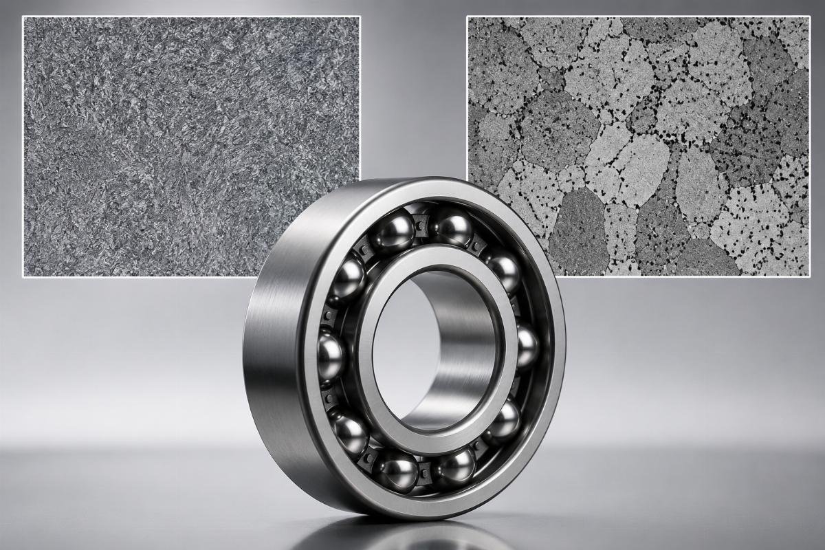 Microscopic view showing uniform martensitic structure (left) versus uneven grain growth and carbide precipitation (right) Metallographic comparison of properly vs improperly heat-treated bearing steel