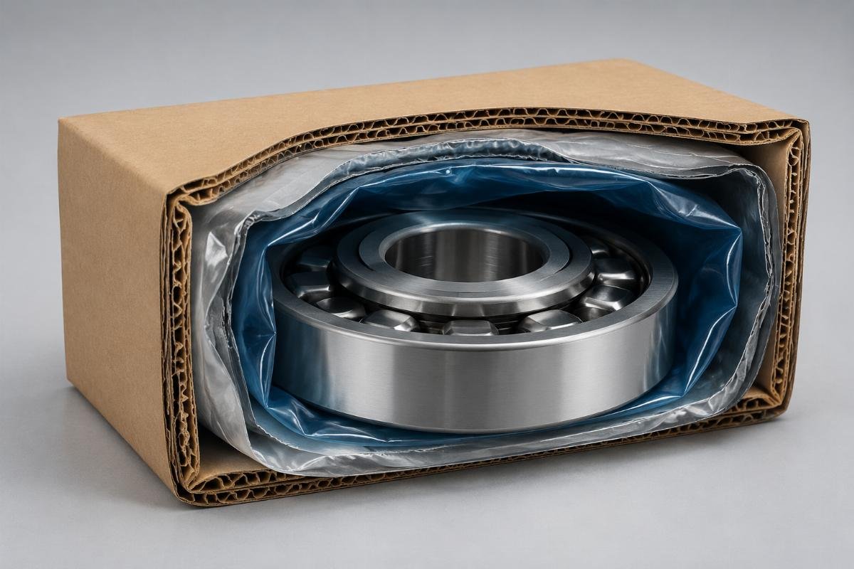 VCI气相防锈袋, vacuum barrier, and rust-inhibiting coating working together to prevent corrosion Cross-Section of Professional Bearing Packaging Showing Three-Layer Protection