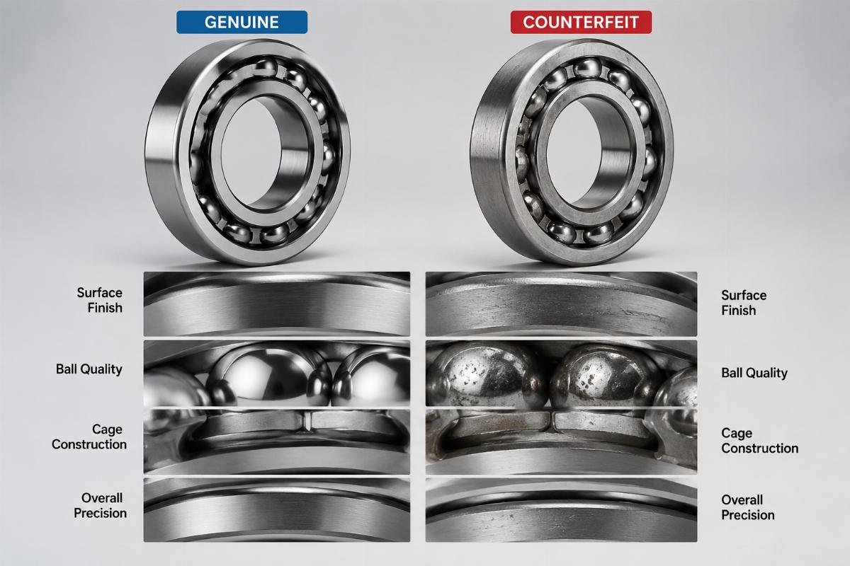 Visual comparison between genuine and counterfeit bearings showing critical quality indicators Bearing Counterfeit Detection Comparison